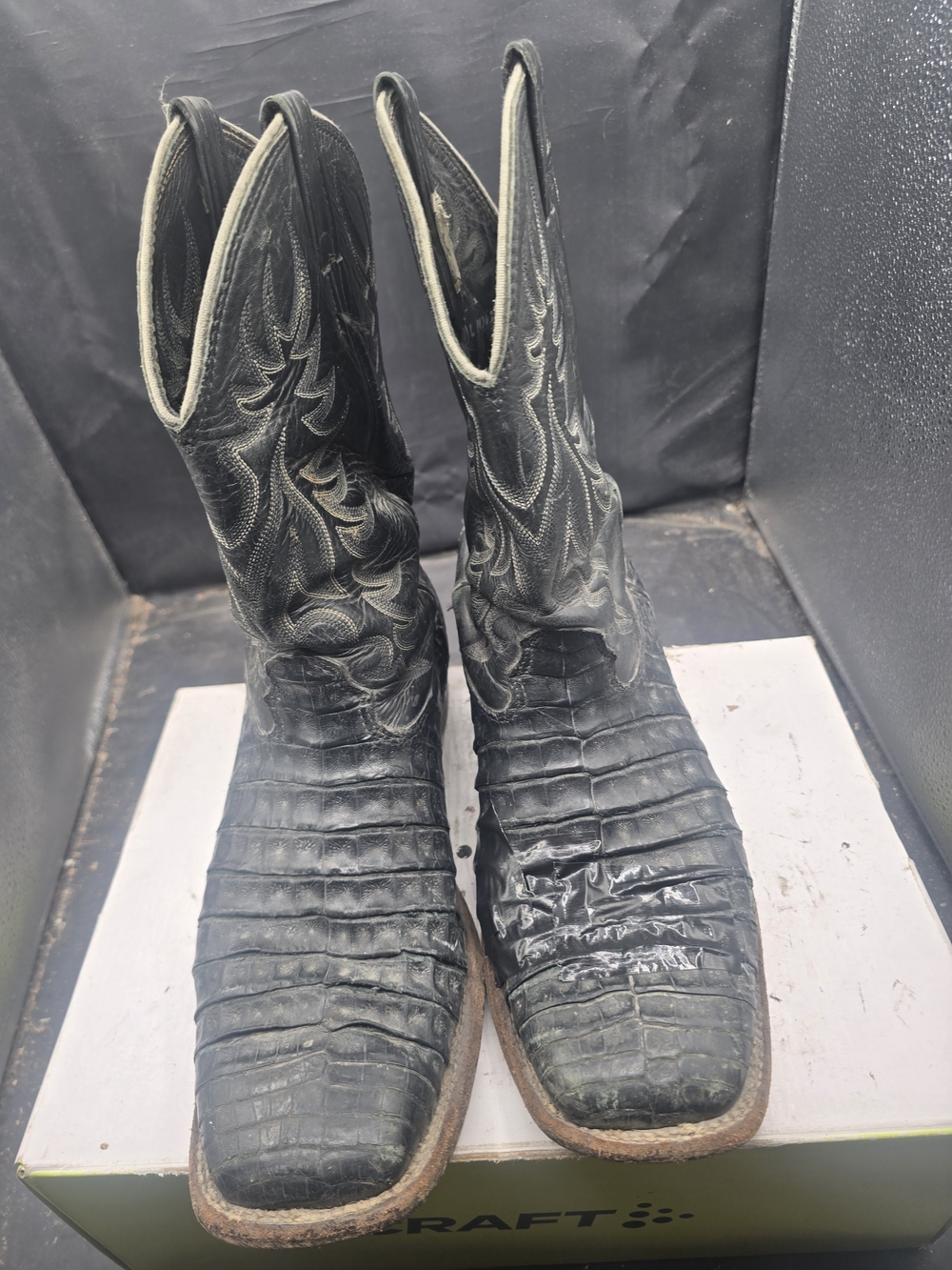 Larry Mahan Black Western Cowboy Boots Croc-Style Leather